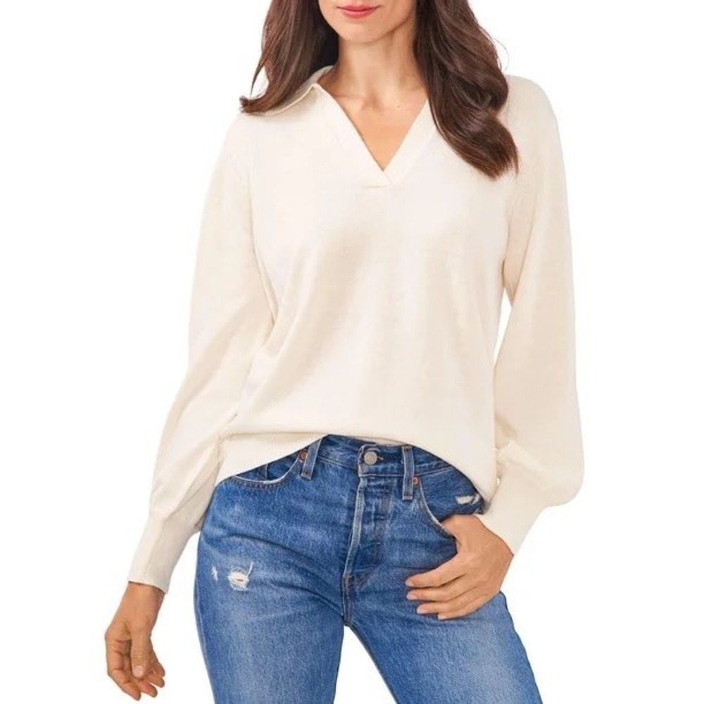 Vince Camuto Antique White Polo Collar V-Neck Sweater Knit NWT Plus XXL